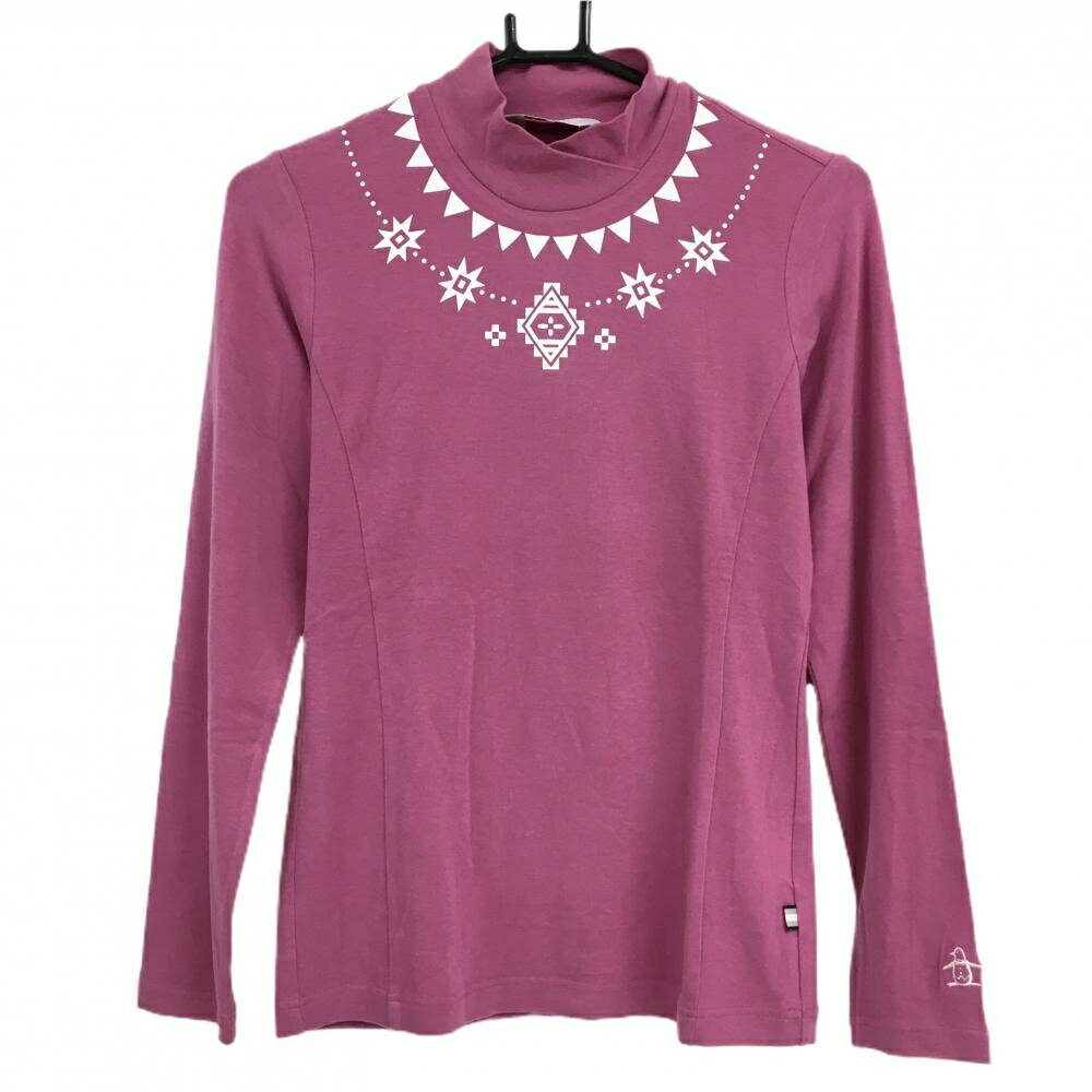 マンシングウェア 長袖ハイネックシャツ ピンク×白 ロゴプリント レディース M ゴルフウェア Munsingwear