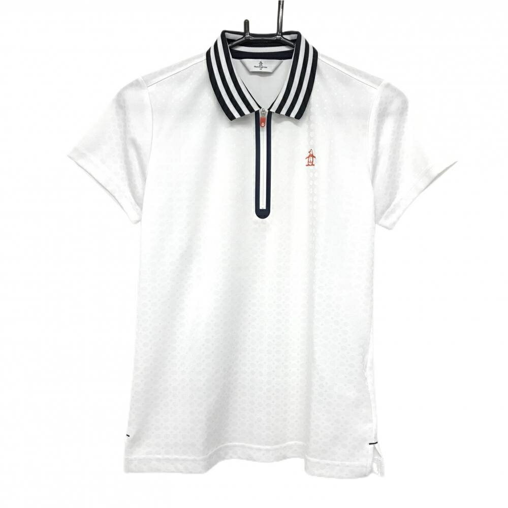 【超美品】マンシングウェア 半袖ポロシャツ 白 ドット柄地模様 襟ネイビーボーダー ハーフジップ レディース M ゴルフウェア Munsingwear