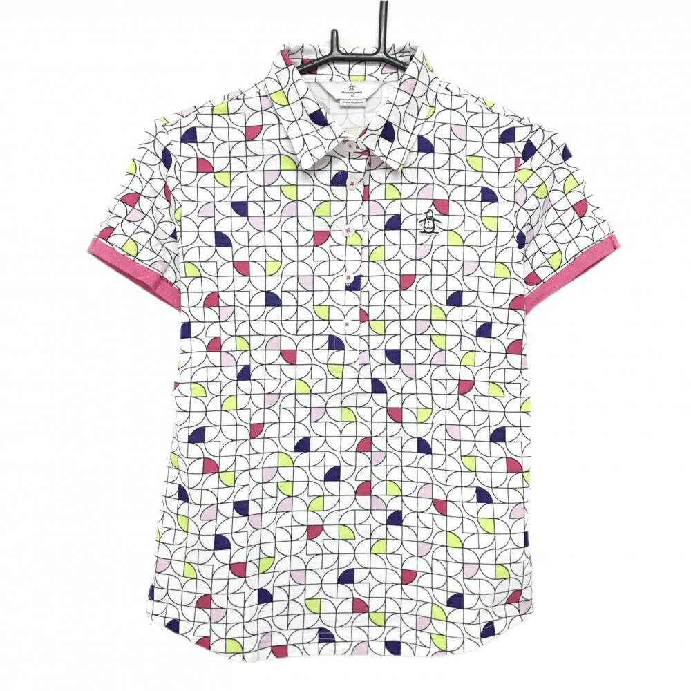 【超美品】マンシングウェア 半袖ポロシャツ 白×ダークネイビー×ピンク 総柄 胸ロゴ レディース M ゴルフウェア Munsingwear