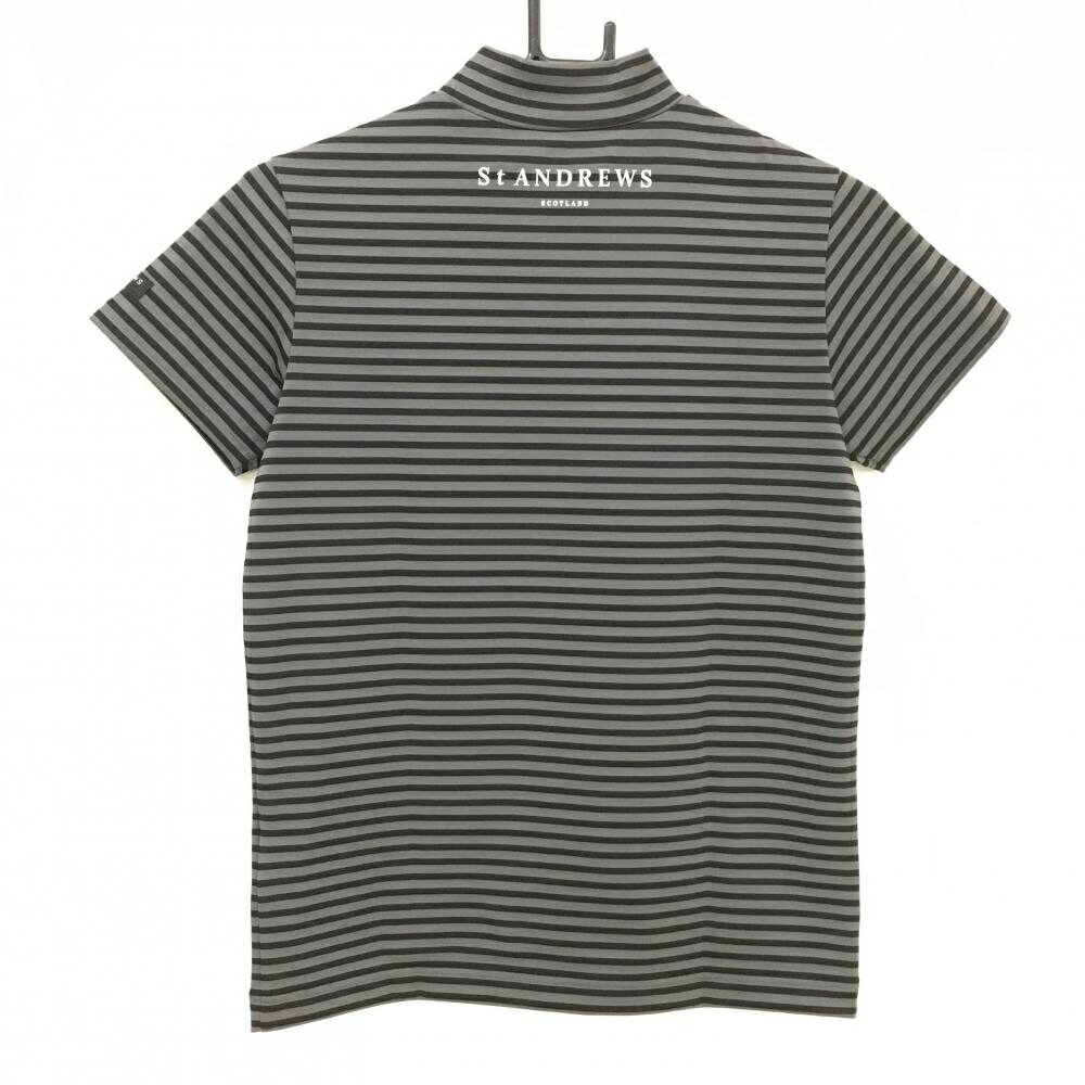 【超美品】セントアンドリュース 半袖ハイネックシャツ ダークグレー×黒 ボーダー ロゴプリント レディース M ゴルフウェア St ANDREWS