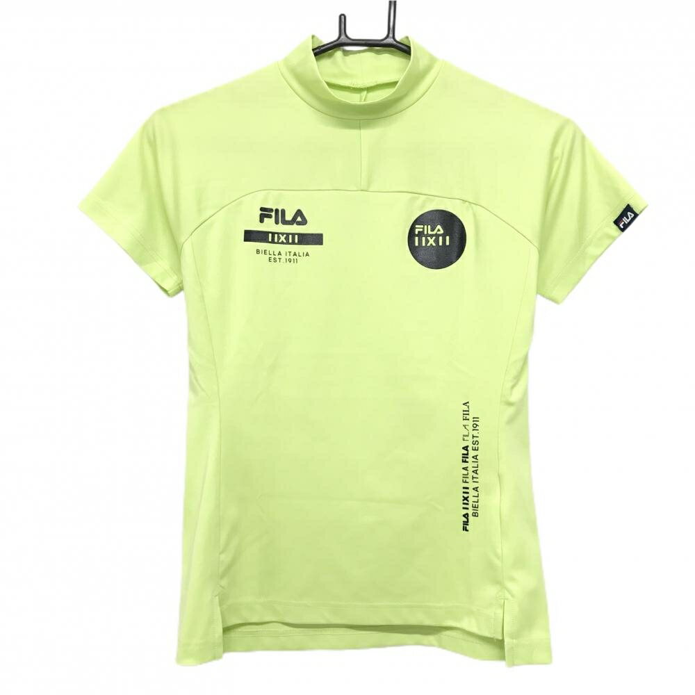 【美品】フィラゴルフ 半袖ハイネックシャツ イエローグリーン×黒 切替 ロゴ レディース S ゴルフウェア FILA GOLF