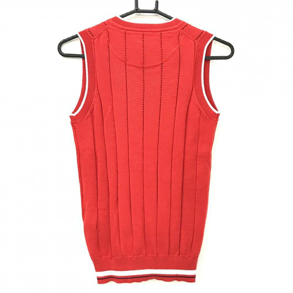 【超美品】キャロウェイ ニットベスト レッド×白 Vネック コットン混 ロゴ刺しゅう レディース M ゴルフウェア Callaway