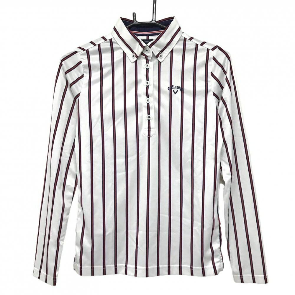 キャロウェイ 長袖ポロシャツ 白×レッド ストライプ ロゴ刺しゅう レディース M ゴルフウェア Callaway
