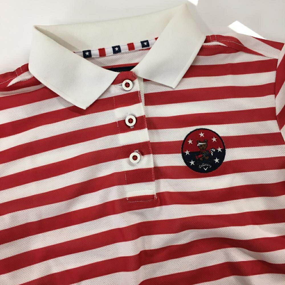 【美品】キャロウェイ 半袖ポロシャツ 白×レッド ボーダー 星条旗 胸元刺しゅう レディース S ゴルフウェア Callaway