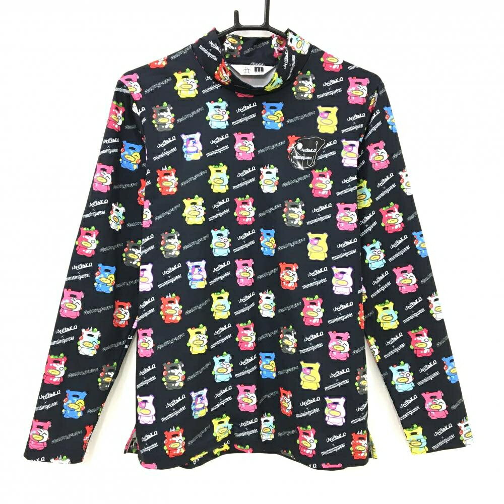 【超美品】マンシングウェア×ラファエル・ランフランコ 長袖ハイネックシャツ 黒×マルチカラー 総柄 メンズ M ゴルフウェア Munsingwear