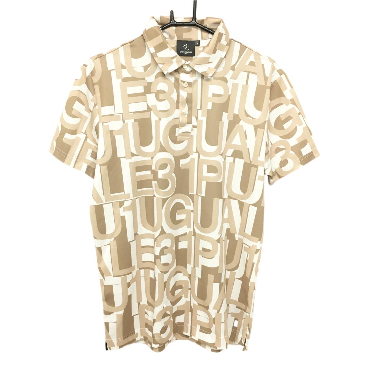 【美品】ウノピゥウノウグァーレトレゴルフ 半袖ポロシャツ ベージュ×白×ブラウン ロゴ総柄 メンズ IV(M) ゴルフウェア 1PIU1UGUALE3