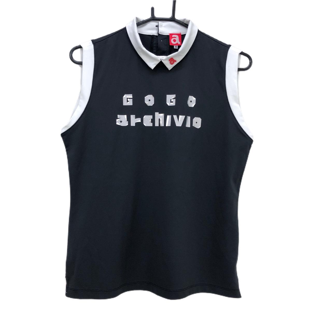 【超美品】アルチビオ 襟付きノースリーブシャツ 黒×白 フロントロゴ レディース 40(L) ゴルフウェア archivio