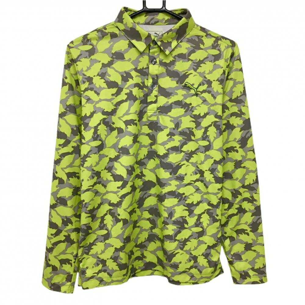 【美品】プーマ 長袖ポロシャツ ライトグリーン×グレー リーフ柄 カモフラ風 ロゴ刺しゅう メンズ L ゴルフウェア PUMA