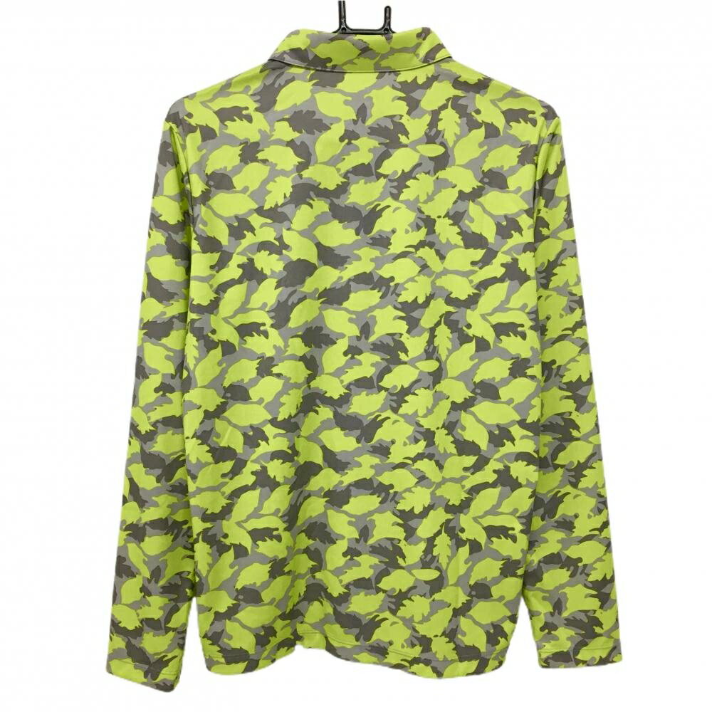 【美品】プーマ 長袖ポロシャツ ライトグリーン×グレー リーフ柄 カモフラ風 ロゴ刺しゅう メンズ L ゴルフウェア PUMA