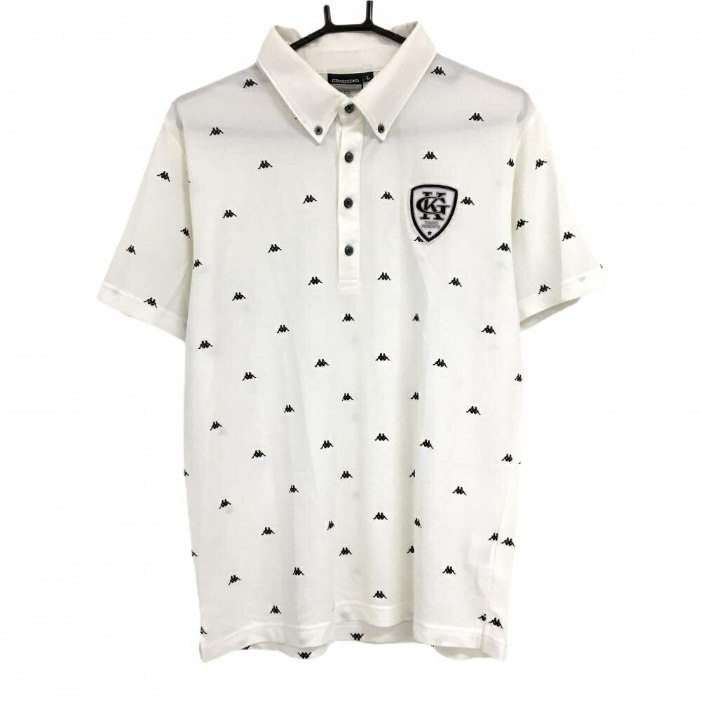 カッパ 半袖ポロシャツ 白×黒 ロゴ総柄 刺しゅうワッペン ボタンダウン メンズ L ゴルフウェア Kappa