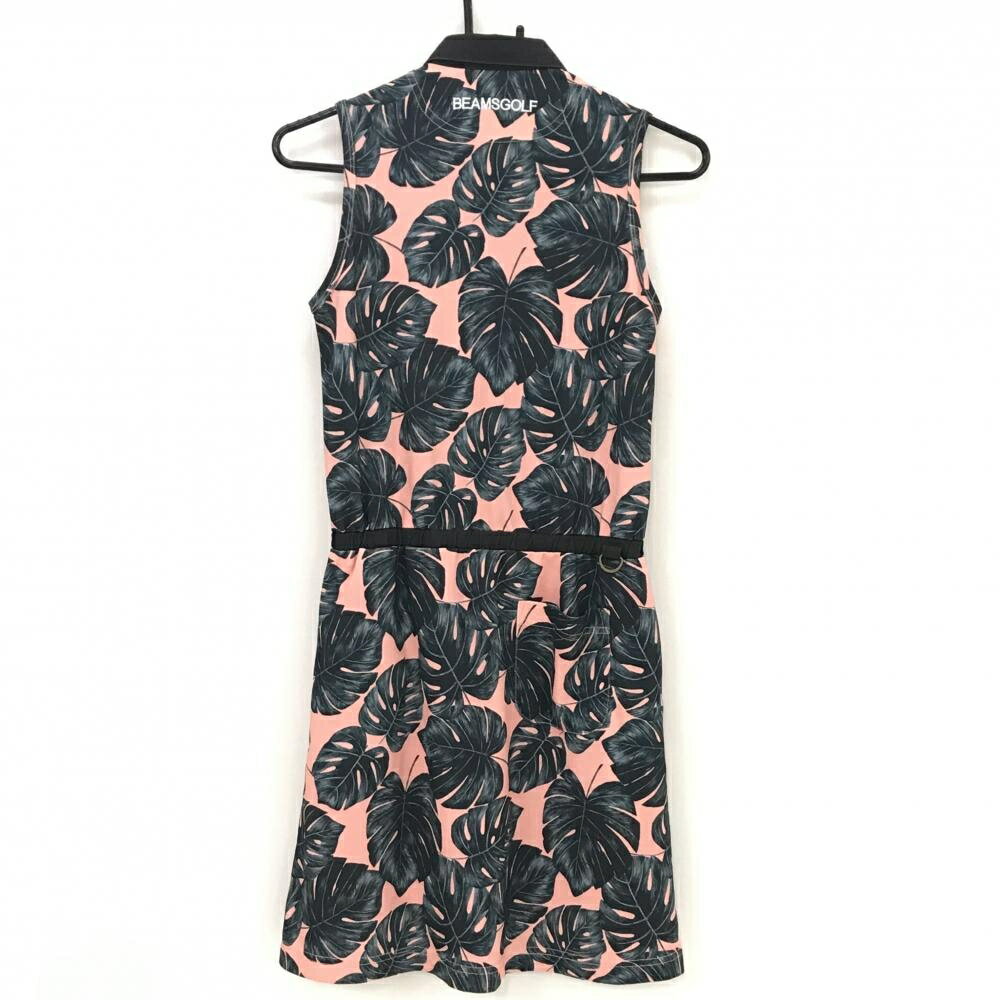 ビームスゴルフ ノースリーブポロワンピース ピンク×ダークグリーン リーフ総柄 レディース S ゴルフウェア BEAMS GOLF