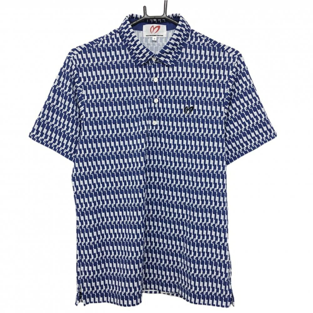【超美品】マスターバニー 半袖ポロシャツ ブルー×白 ロゴ総柄 メンズ 4(M) ゴルフウェア 2024年モデル MASTER BUNNY EDITION