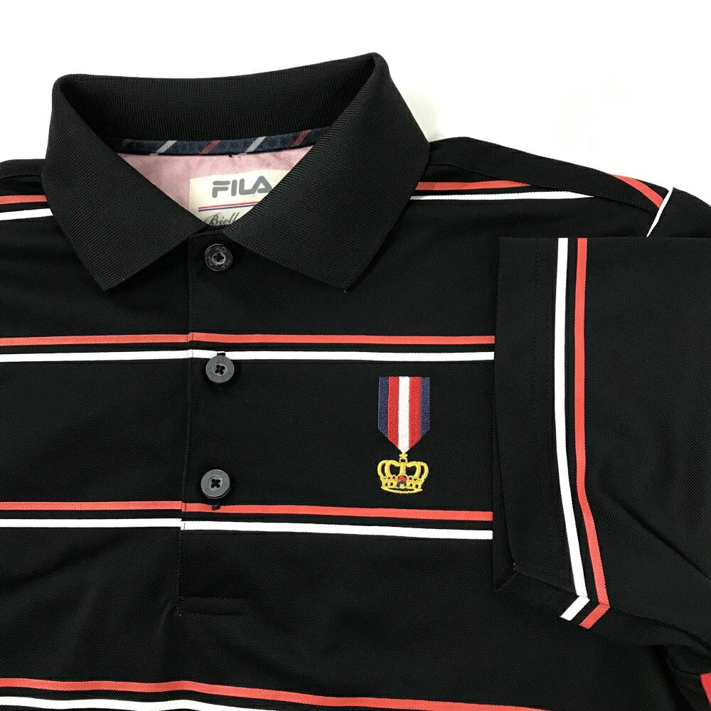 【美品】フィラ 半袖ポロシャツ 黒×レッド ボーダー 勲章刺しゅう メンズ M ゴルフ...