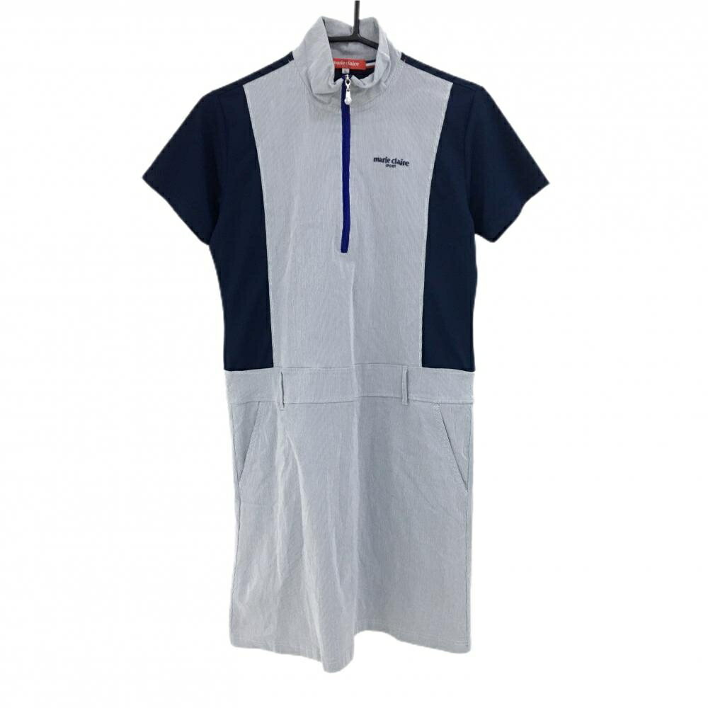 【超美品】マリクレールスポール 半袖ハイネックワンピース ネイビー×白 レディース L ゴルフウェア ma..