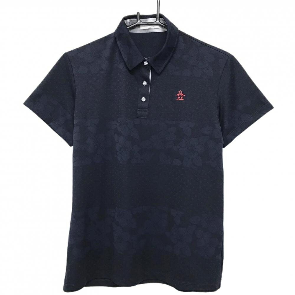 【美品】マンシングウェア 半袖ポロシャツ ネイビー ハイビスカス地模様 ボタンストライプ レディース LL ゴルフウェア Munsingwear