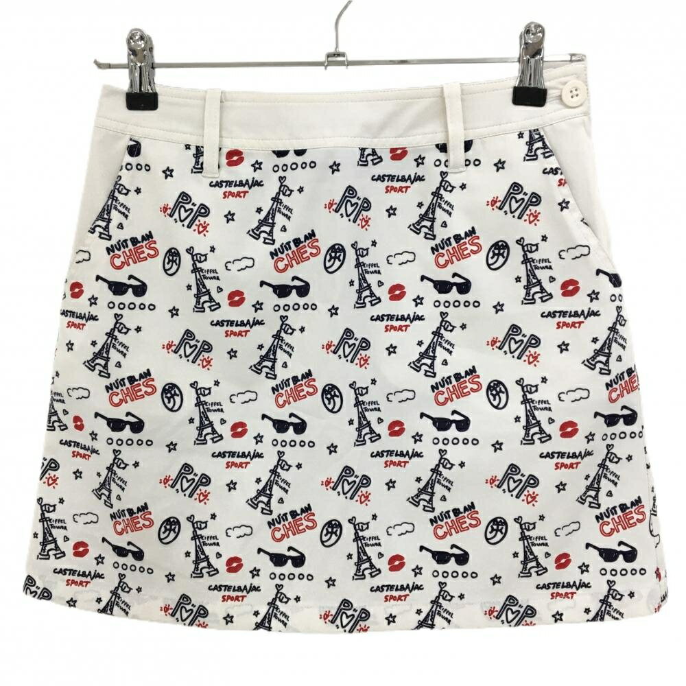 【美品】カステルバジャック スカート 白×ネイビー エッフェル塔総柄 ウエスト後ろゴム レディース 38 ..