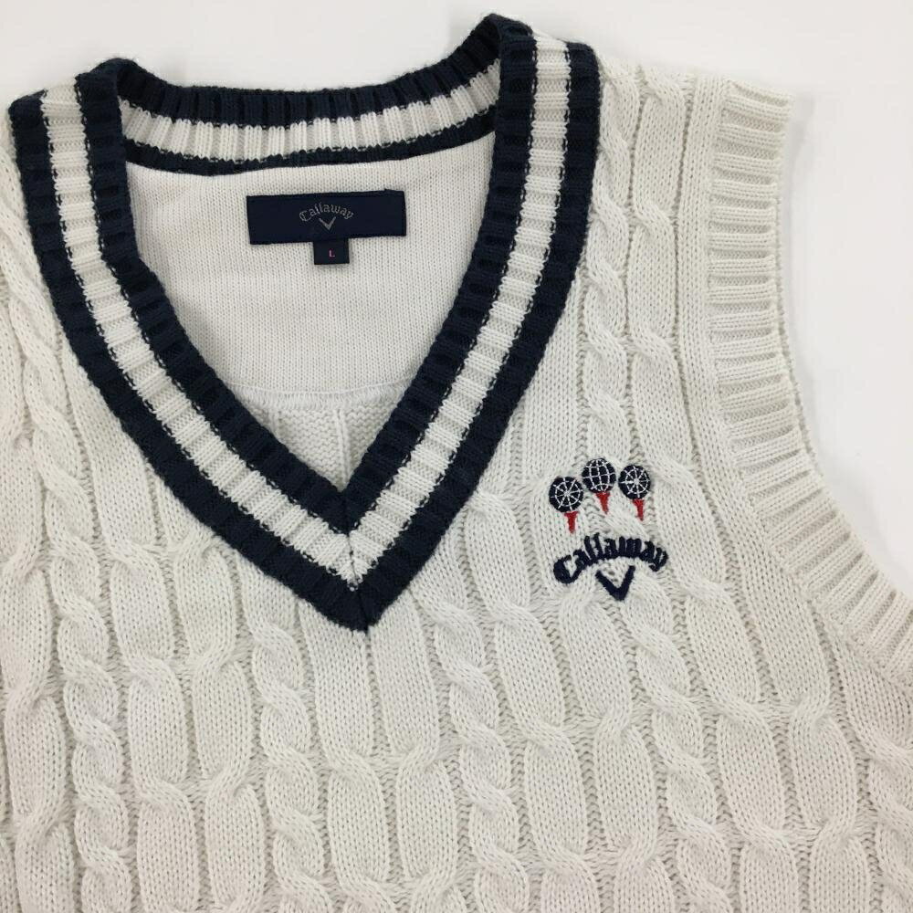 【美品】キャロウェイ ニットベスト 白×ネイビー ケーブル編み ウール混 Vネック レディース L ゴルフウェア Callaway