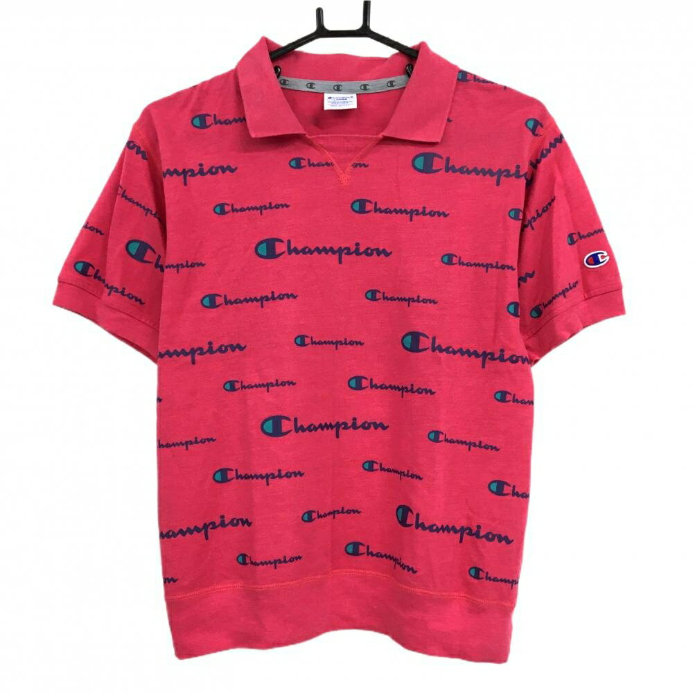 【ポイント10倍！楽天スーパーセール期間限定】【美品】チャンピオン 半袖スキッパーシャツ ピンク×ネイビー ロゴ総柄 レディース LARGE ゴルフウェア Champion