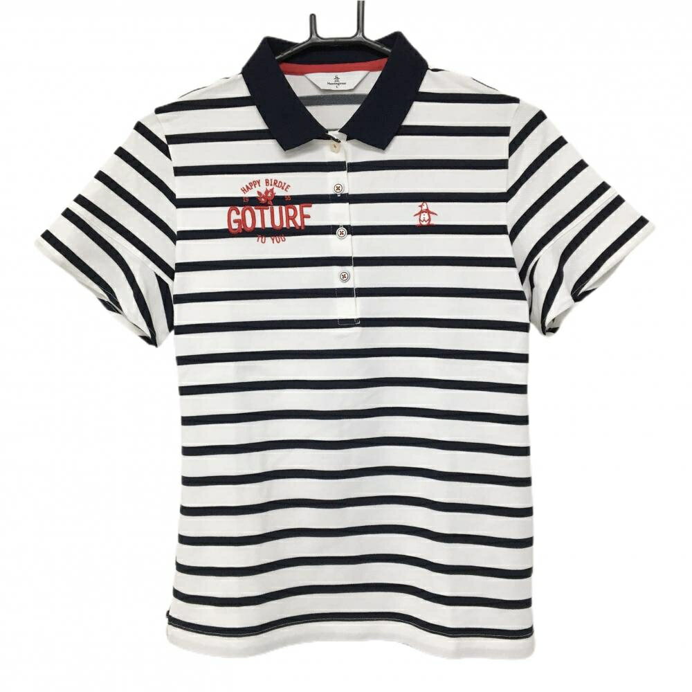 【美品】マンシングウェア 半袖ポロシャツ 白×ネイビー ボーダー 刺しゅう レディース L ゴルフウェア Munsingwear