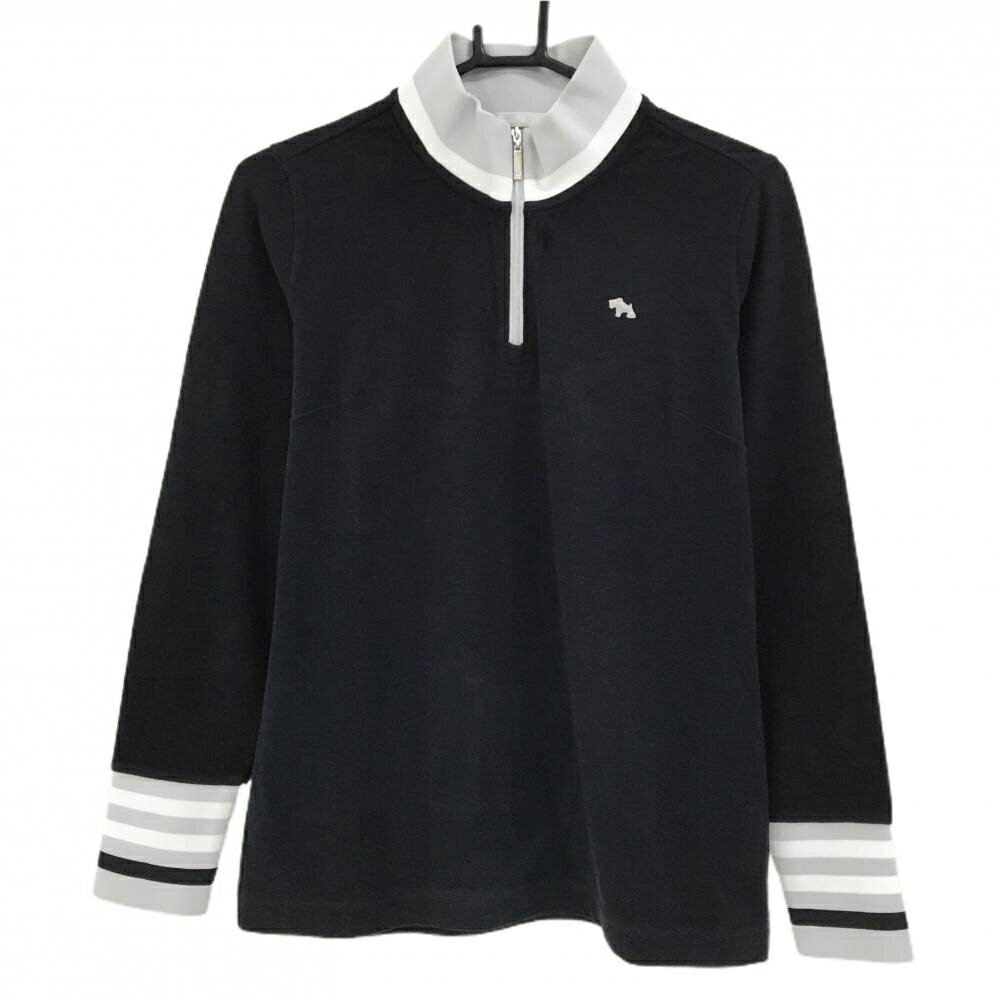 ヒールクリーク 長袖ハイネックシャツ 黒×グレー ハーフジップ 袖口ボーダー 表微起毛 レディース 42(L) ゴルフウェア Heal Creek