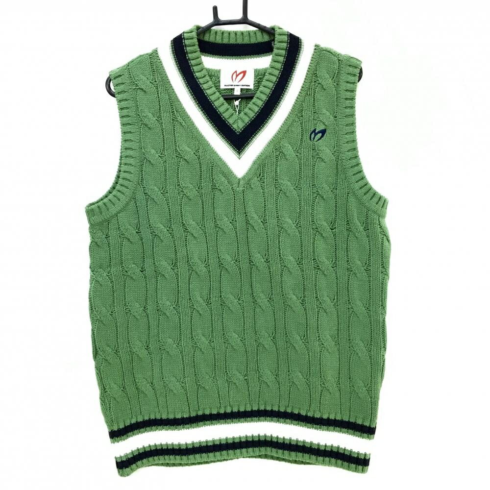 【新品】マスターバニー ニットベスト グリーン×ネイビー ケーブル編み コットン混 メンズ 6(XL) ゴル..