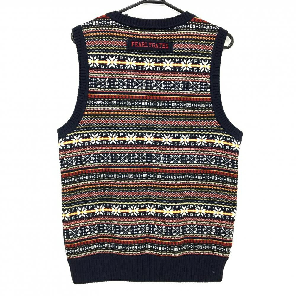 【美品】パーリーゲイツ ニットベスト ネイビー×レッド 背面ノルディック柄 ウール100％ メンズ 5(L) ゴルフウェア PEARLY GATES