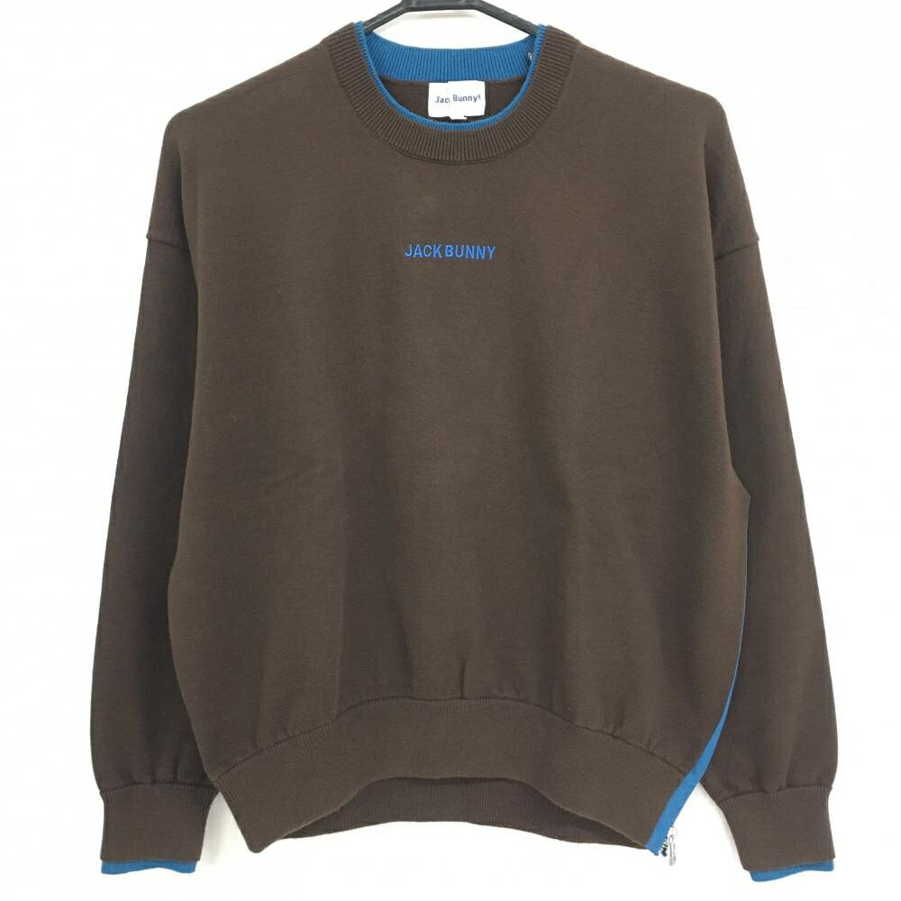 【美品】ジャックバニー セーター ブラウン×ブルー ロゴ刺しゅう サイドファスナー ニット レディース 1(M) ゴルフウェア Jack Bunny