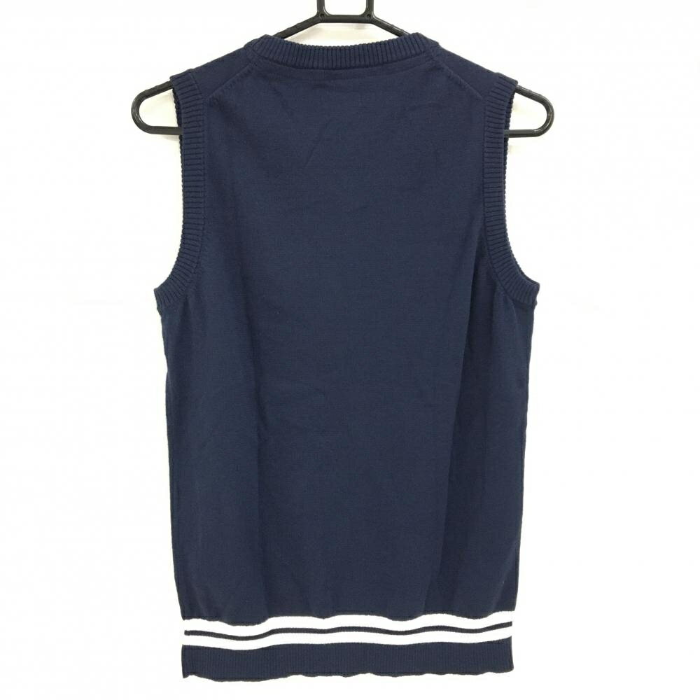 【美品】ニューバランス ニットベスト ネイビー× パイルロゴ 胸元ワッペン Vネック レディース 2(L) ゴルフウェア New Balance
