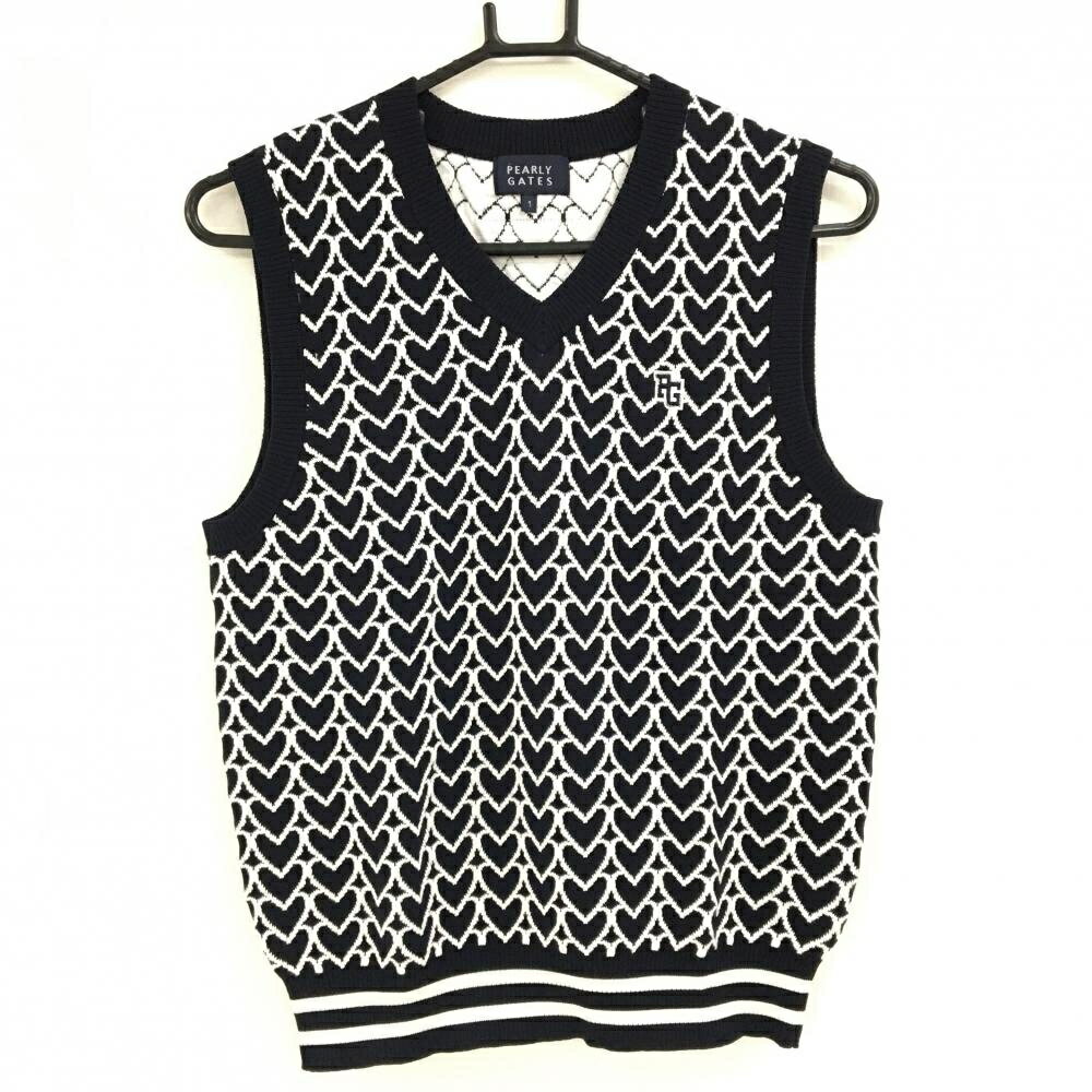 【超美品】パーリーゲイツ ニットベスト ネイビー×白 ハート柄 コットン混 レディ...
