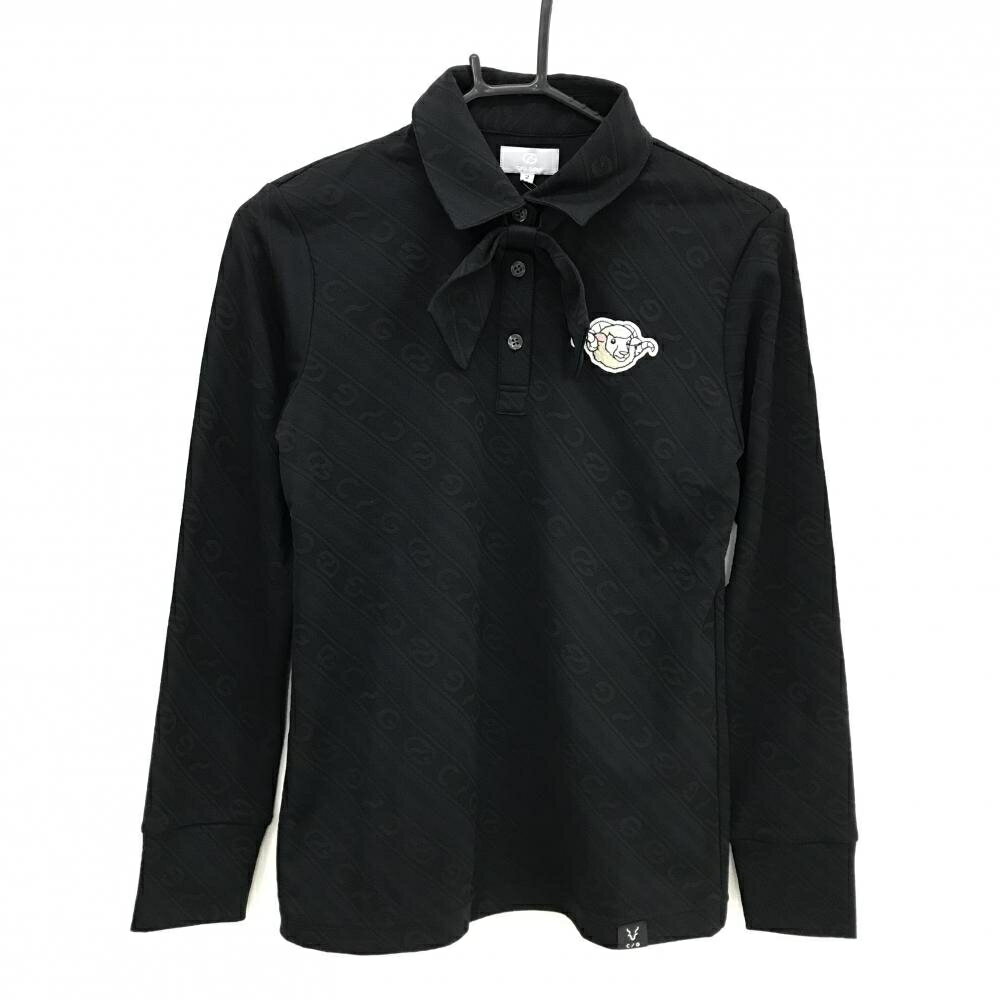 【新品】CPG 長袖ポロシャツ 黒 ロゴ地模様 斜めストライプ調 ヒツジワッペン レディース 2(M) ゴルフウェア 2024年モデル CPG
