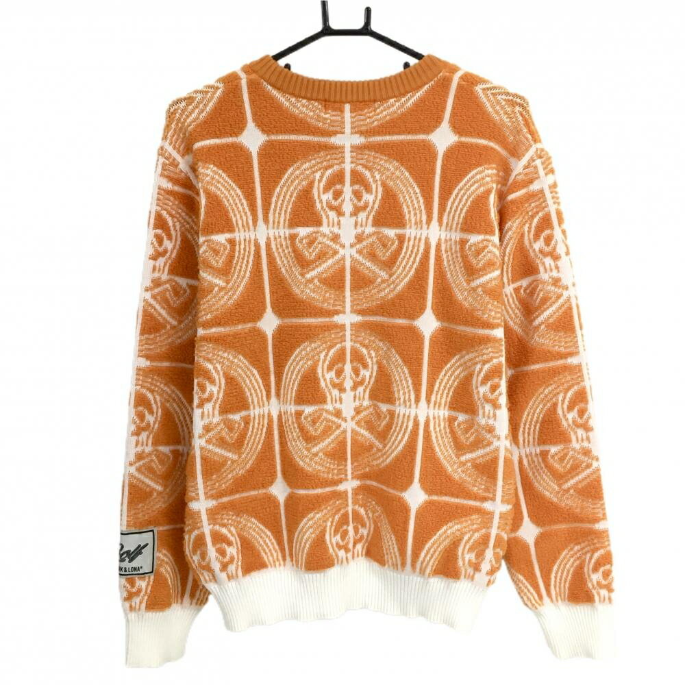 【美品】マークアンドロナ セーター オレンジ×白 スカル総柄編み ニット ウール混 リブ伸び少 メンズ 46 ゴルフウェア MARK＆LONA