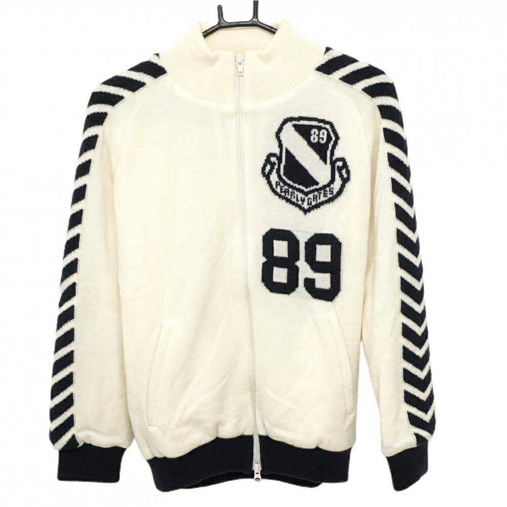 【美品】パーリーゲイツ ニットジャケット アイボリー×ネイビー ダブルジップ レディース 0(S) ゴルフウェア PEARLY GATES