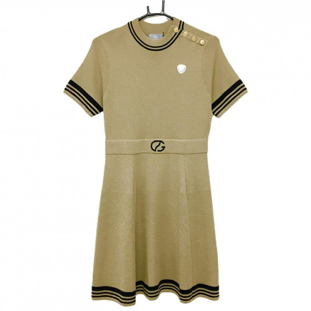 【新品】CPG 半袖ニットワンピース ベージュ×黒 肩ボタン 立体ロゴ レディース 3(L) ゴルフウェア 2024..