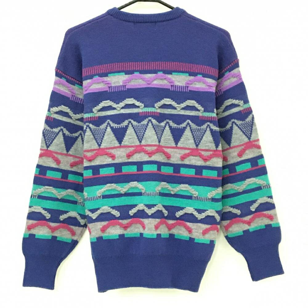 【超美品】ブラックアンドホワイト セーター ブルー系×グレー×ピンク 総柄 ウール100% ニット メンズ L ゴルフウェア Black＆White