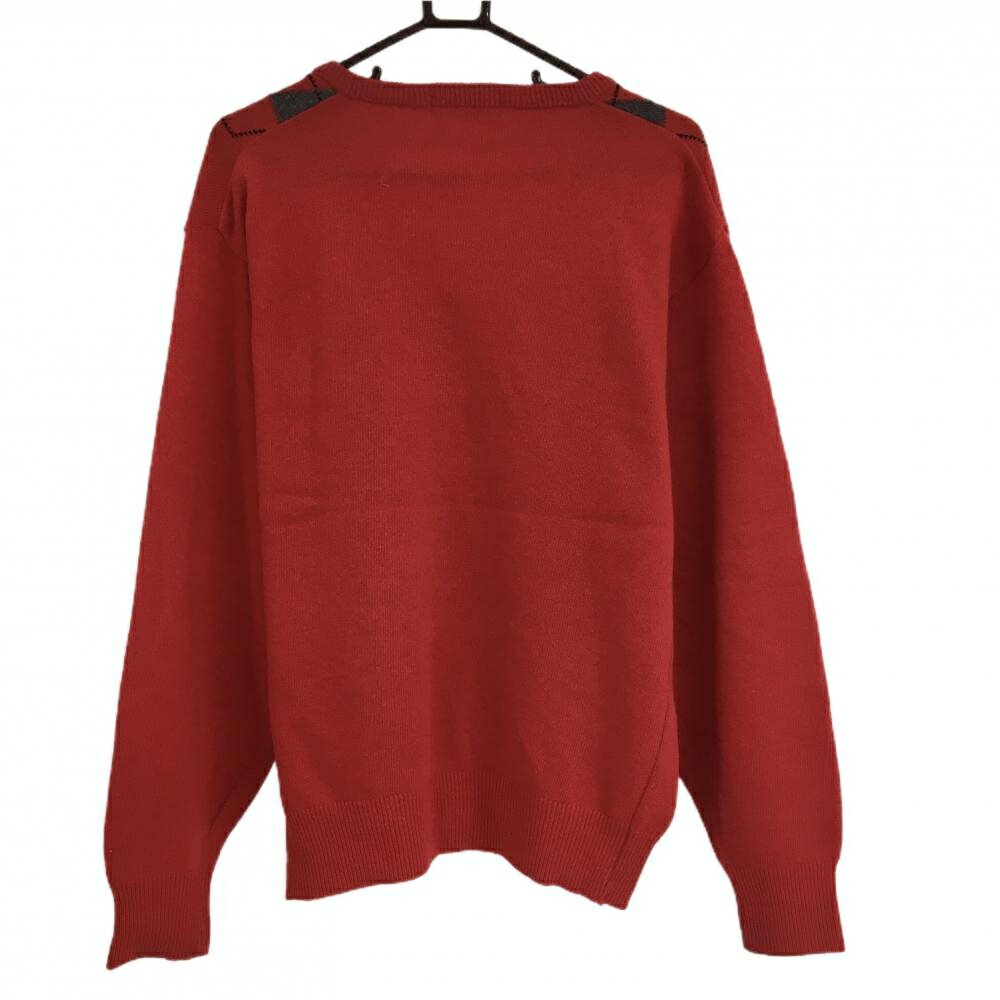 【美品】ブラックアンドホワイト セーター レッド×グレー 前アーガイル柄 ウール混 Vネック ニット メンズ L ゴルフウェア Black＆White