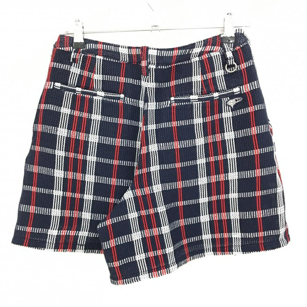 【超美品】ビームスゴルフ キュロットスカート ネイビー×白×レッド チェック 凹凸編み 刺しゅう レディース L ゴルフウェア BEAMS GOLF