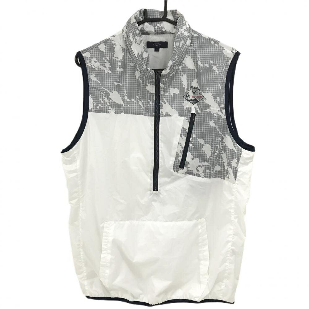 キャロウェイ アウターベスト 白×グレー 上部格子柄 フード収納可 ロゴプリント メンズ LL ゴルフウェア Callaway