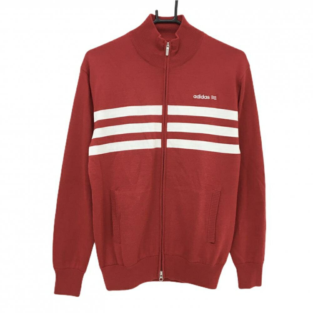 【超美品】アディダス ニットジャケット レッド×白 胸元3ライン 蓄熱裏地 ウール混 メンズ M/M ゴルフウェア adidas