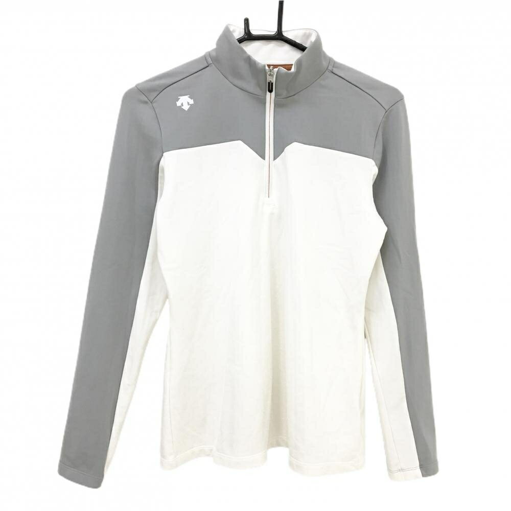 【美品】デサントゴルフ 長袖ハイネックシャツ グレー×白 肩ロゴ 裏微起毛 ハーフジップ 中田英寿 レデ..