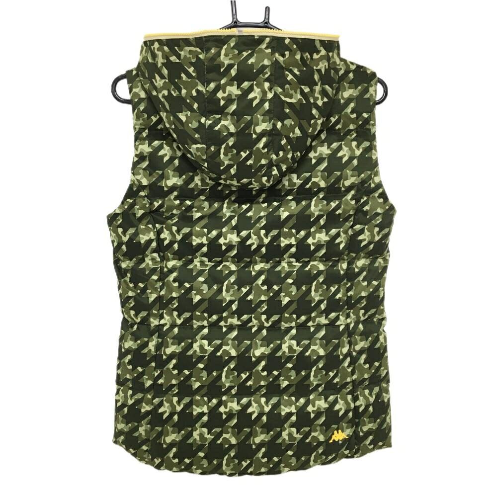 【超美品】カッパ ダウンベスト カーキ×グリーン カモフラ 迷彩 千鳥格子 フード付き 刺しゅうワッペン レディース M ゴルフウェア Kappa