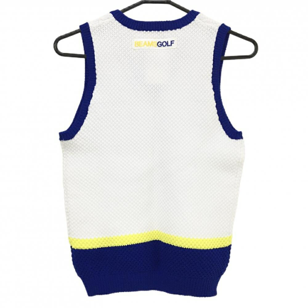 【新品】ビームスゴルフ ニットベスト 白×ブルー×イエロー 胸ロゴ Vネック レディース M ゴルフウェア BEAMS GOLF