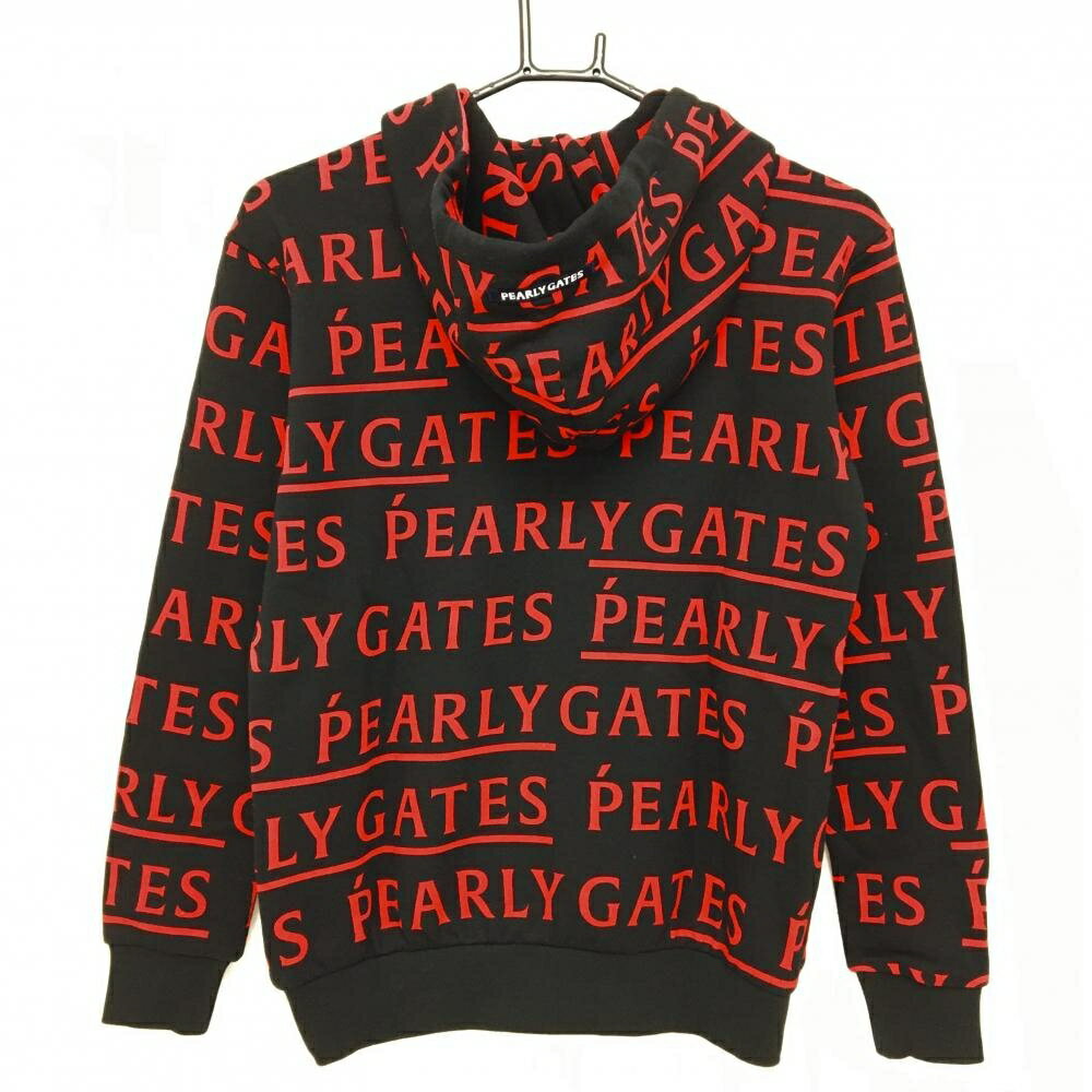 【新品】パーリーゲイツ ジップパーカー 黒×レッド ロゴ総柄 刺しゅう白 レディース 0(S) ゴルフウェア PEARLY GATES