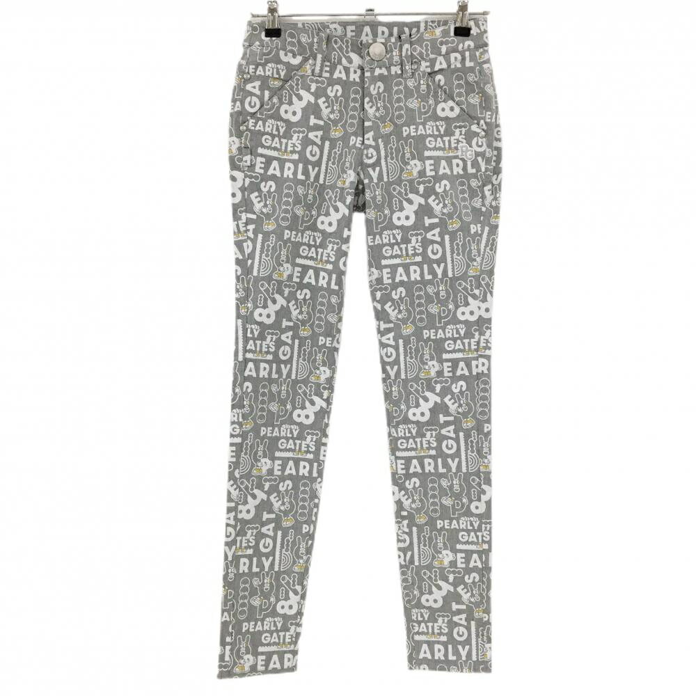 【新品】パーリーゲイツ パンツ グレー×白 ロゴ総柄 どうしちゃったPG ボーダー織生地 レディース 0(S) ゴルフウェア PEARLY GATES