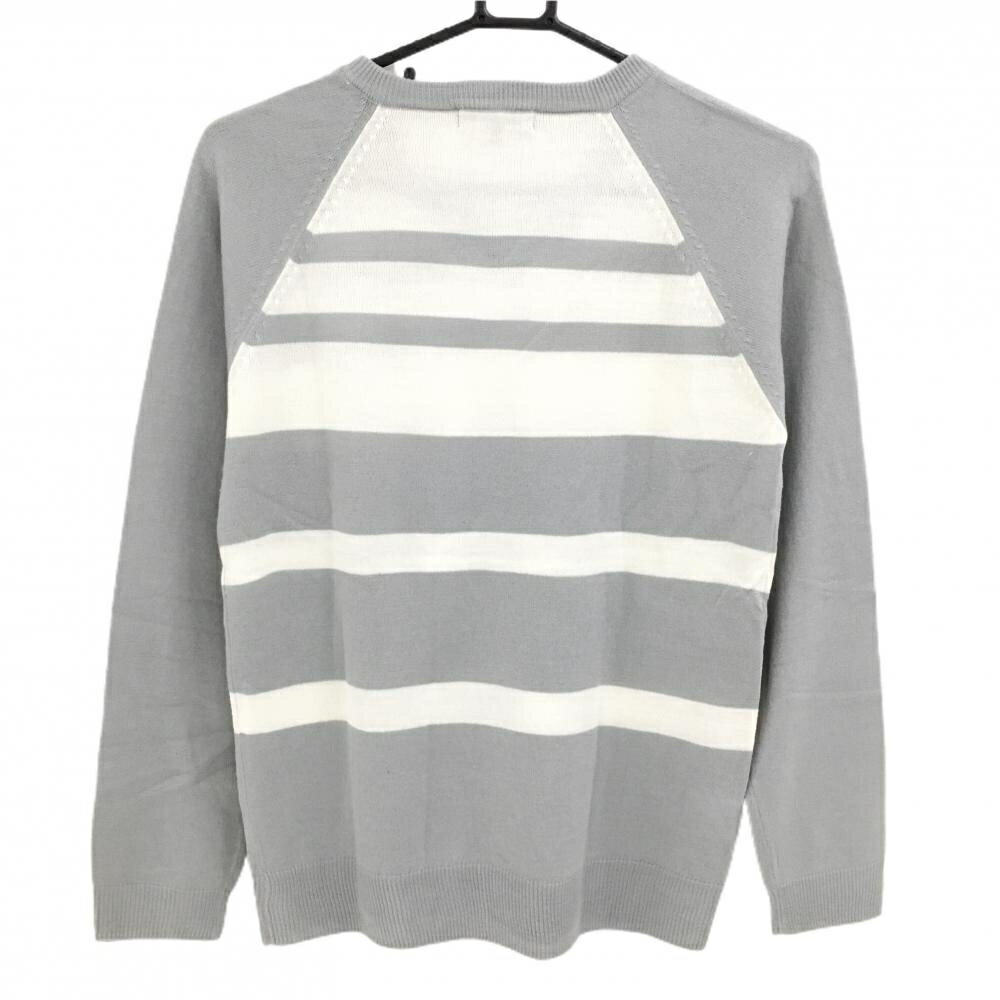 【超美品】23区ゴルフ セーター グレー×白 身頃ランダムボーダー ニット 薄手 Vネック アクリル100％ レディース II(L) ゴルフウェア 23区