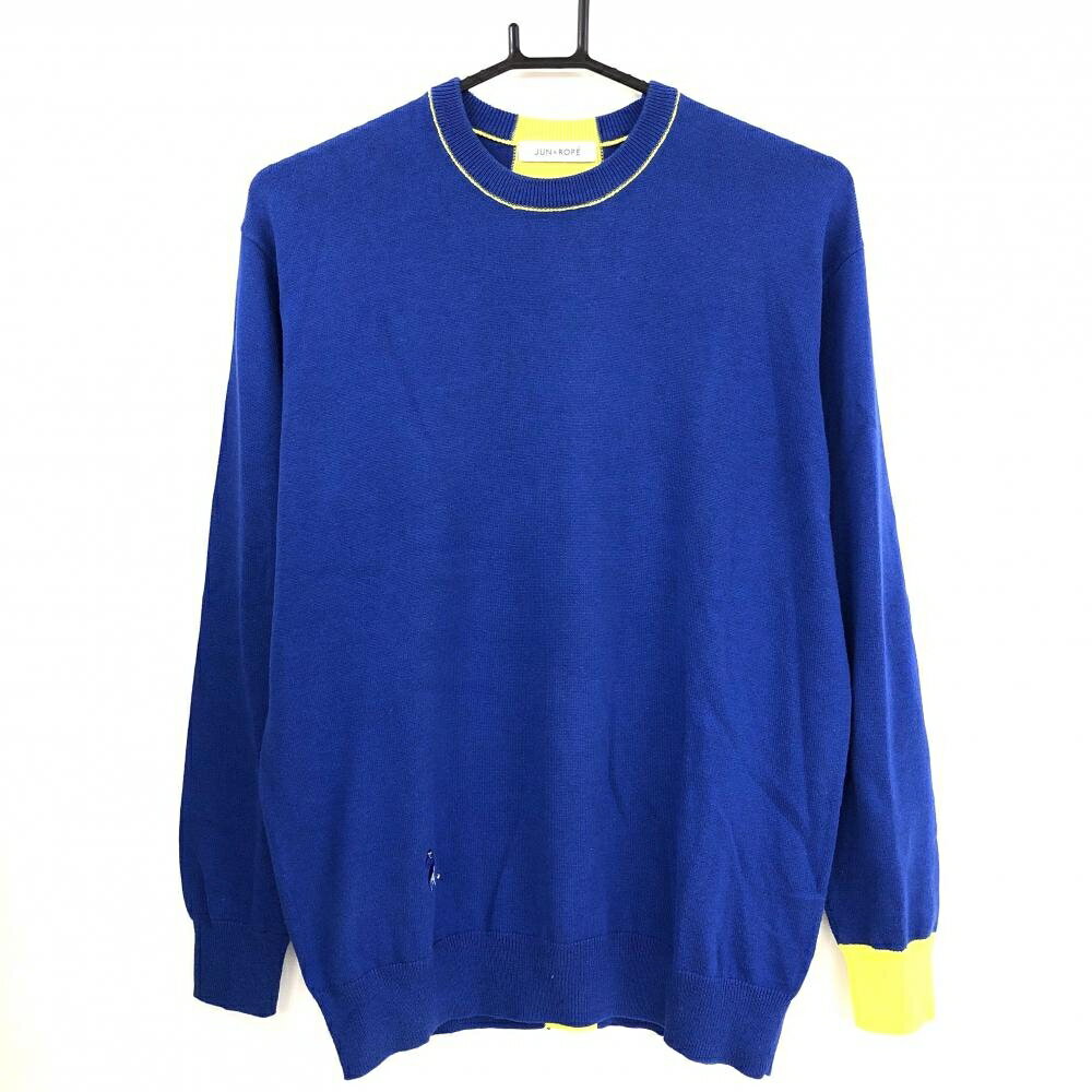 【美品】ジュンアンドロペ セーター ブルー×イエロー ニット 後ろセンターライン アクリル混 メンズ M ゴルフウェア JUN＆ROPE