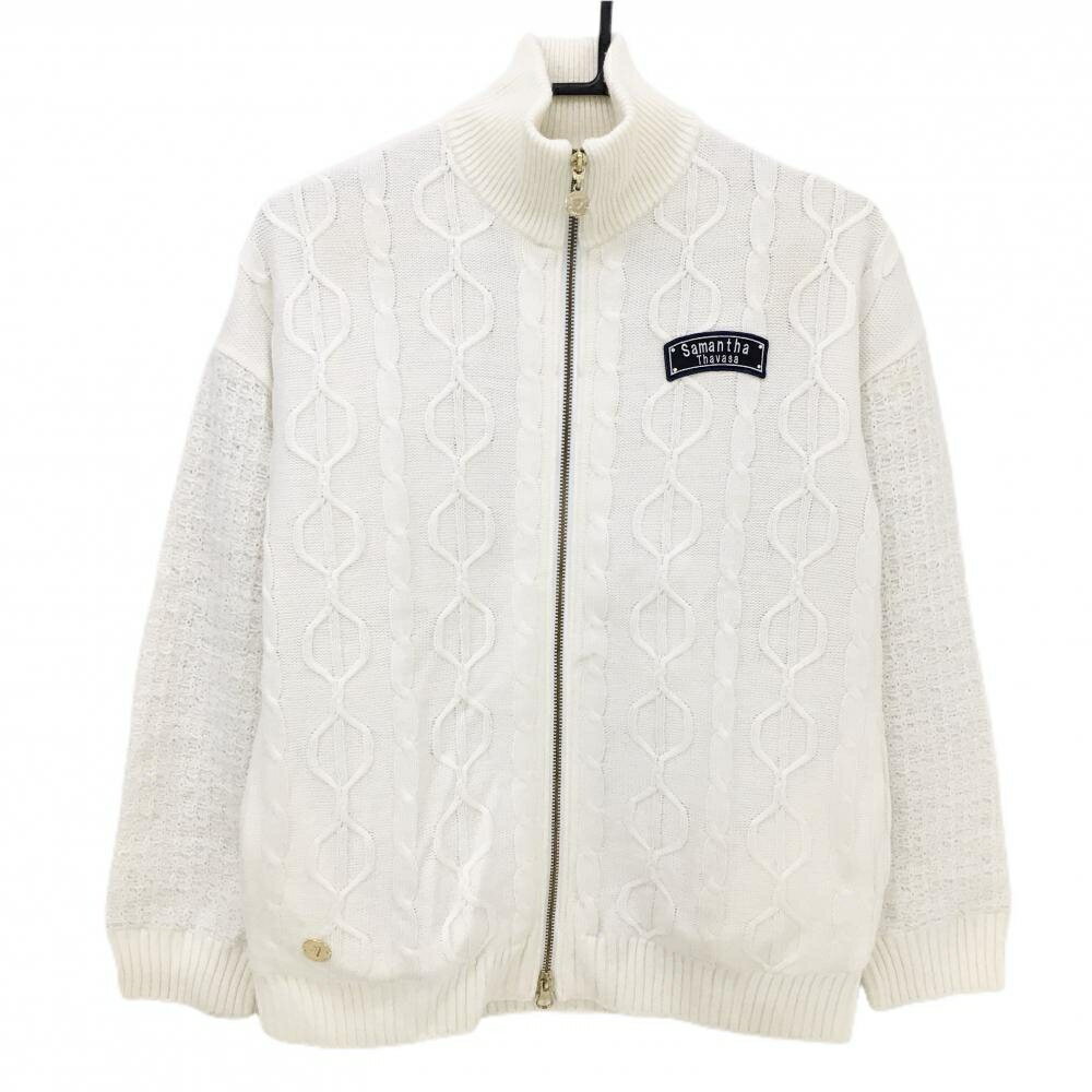 サマンサタバサNo.7 ニットジャケット 白 袖異素材 ケーブル編み レディース 38(M) ゴルフウェア Samantha Thavasa