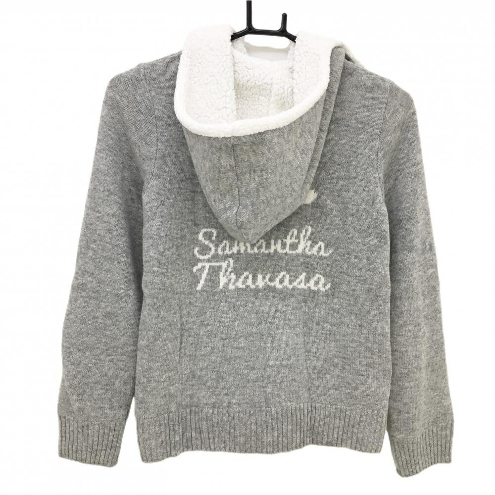 サマンサタバサUNDER25 ニットジップパーカー ライトグレー×白 フード内側ボア レディース M ゴルフウェア Samantha Thavasa