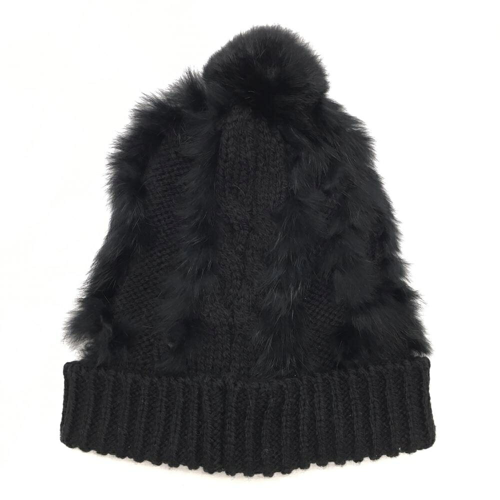 【新品】カッパ ニット帽 黒 ニット×ラビットファー ウール混 ボンボン付 レディース フリーサイズ ゴルフウェア Kappa