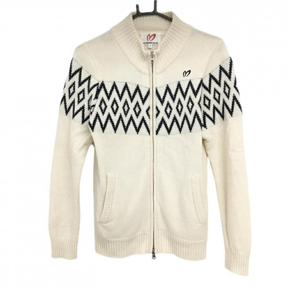 【美品】マスターバニー ニットジャケット 白×ネイビー 胸柄 ダブルジップ レディース 2(L) ゴルフウェア MASTER BUNNY EDITION