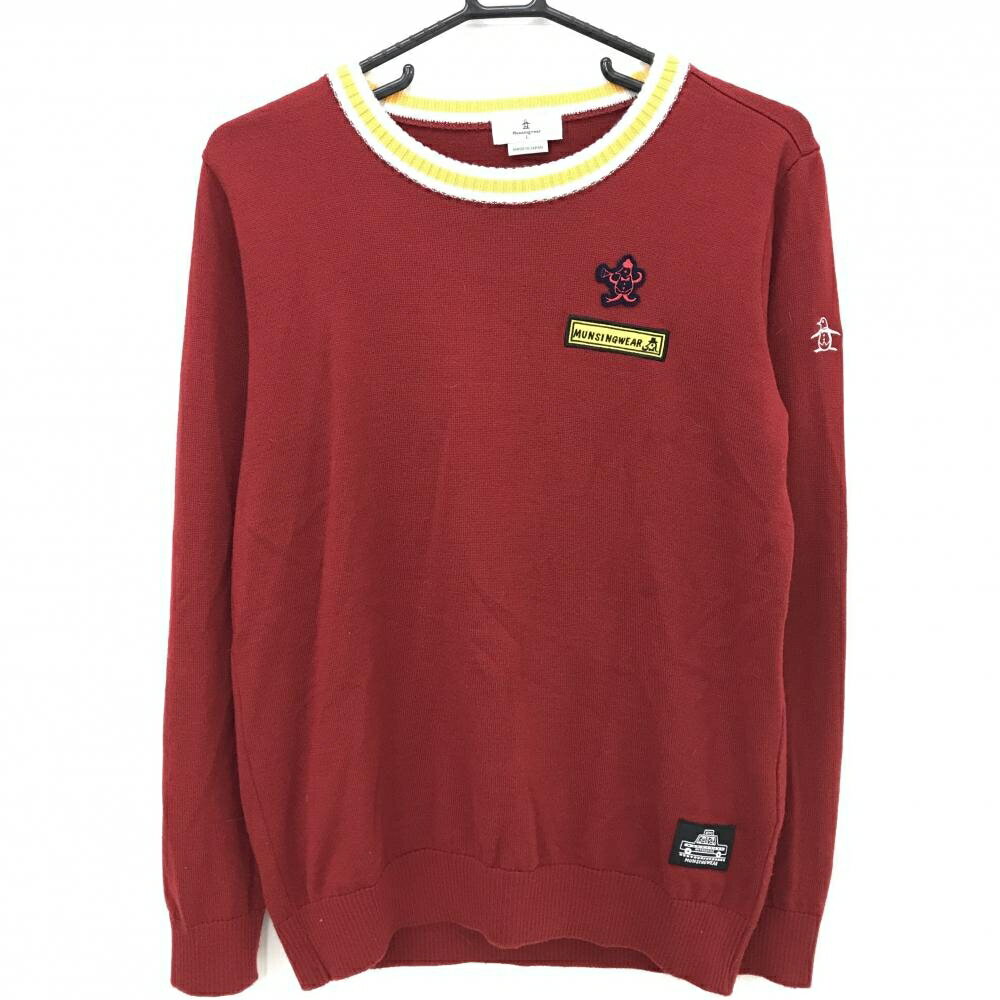 【美品】マンシングウェア セーター レッド×イエロー 背面アップル ウール混 ニット レディース L ゴル..